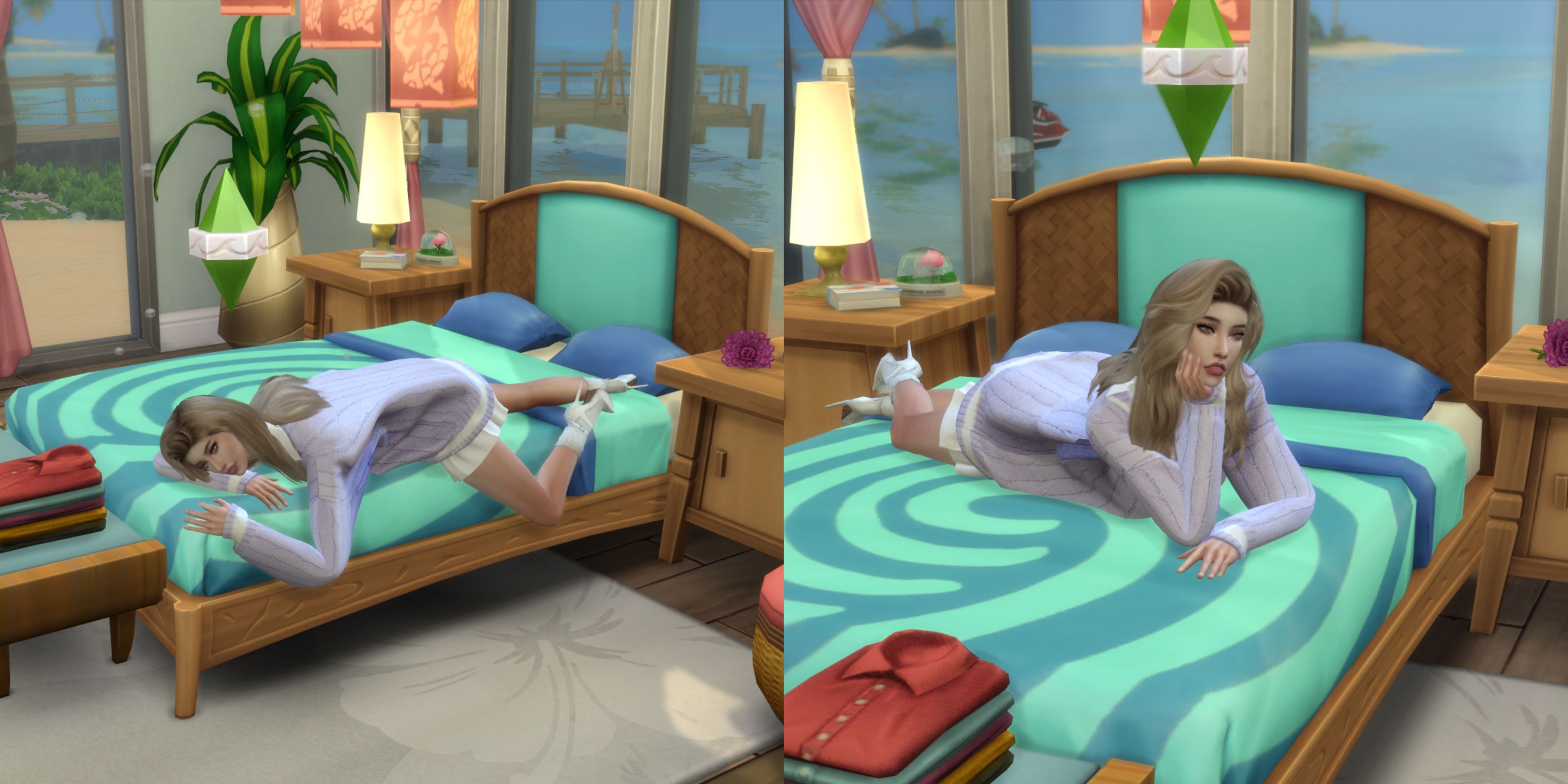 a female sim posing on a bed in the sims 4