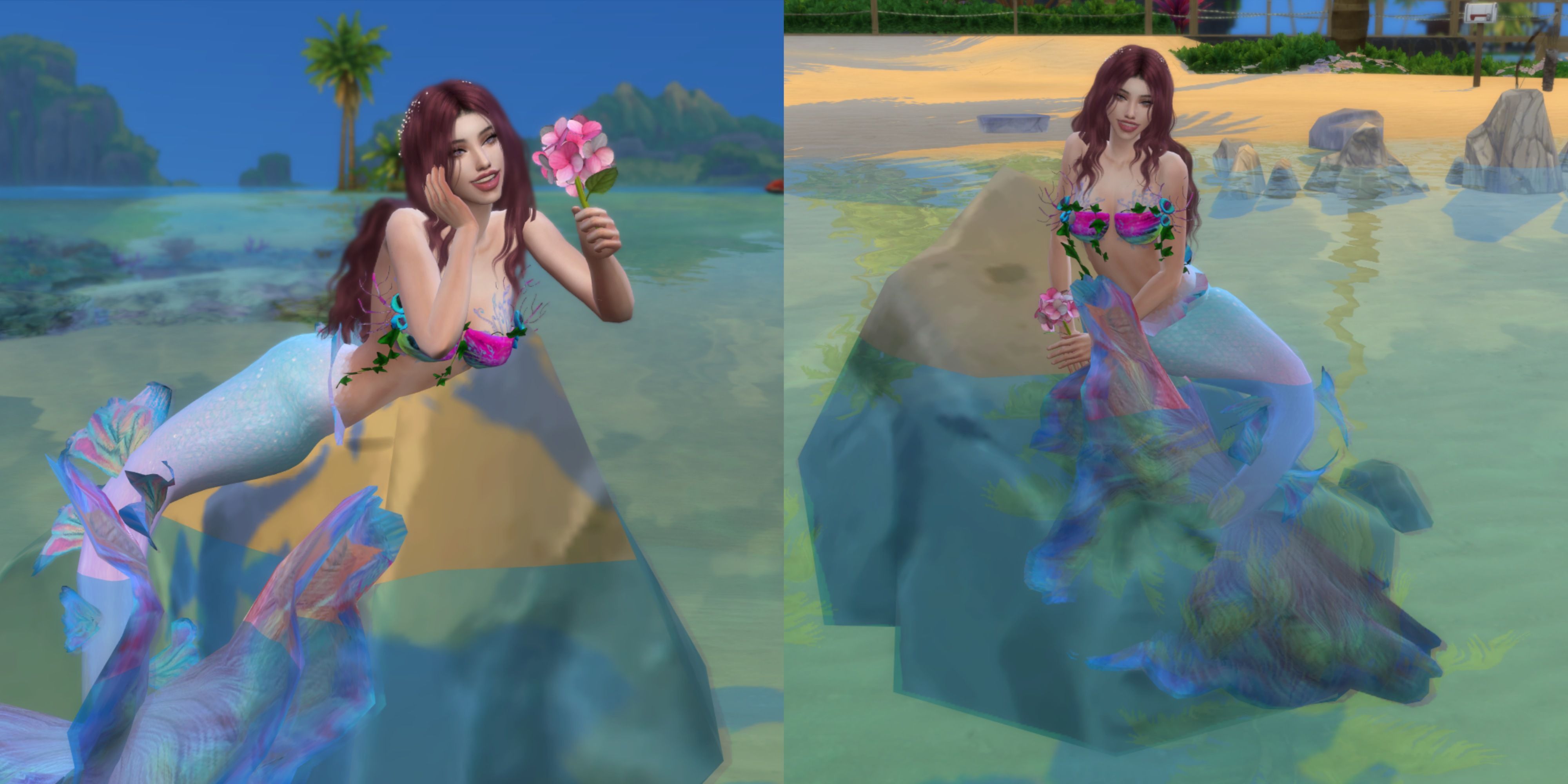 a mermaid holding a flower and posing on a rock in the sims 4