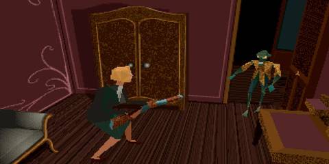 Woman aiming a gun at a zombie