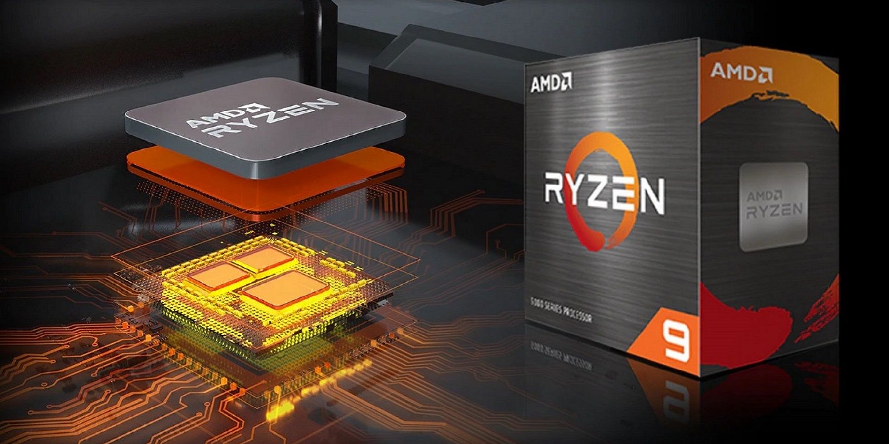 Rendered image showing an AMD Ryzen CPU and its box next to it.