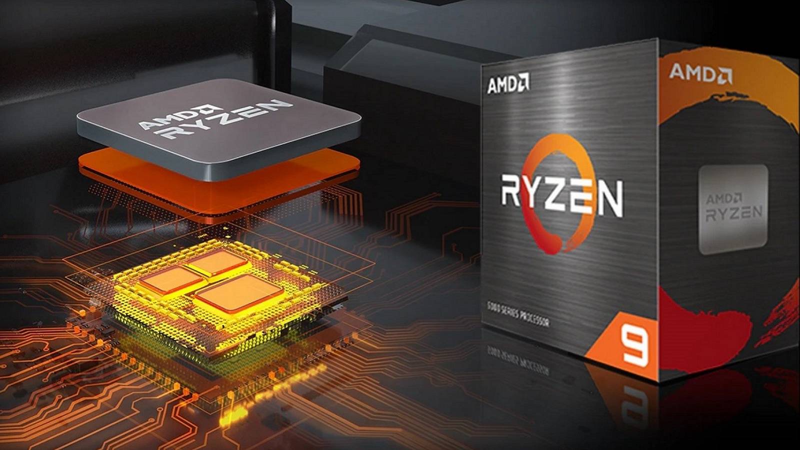 Rendered image showing an AMD Ryzen CPU and its box next to it.