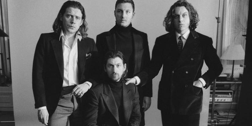 A black-and-white image of the popular band Arctic Monkeys.
