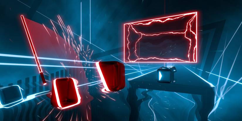 beat saber player slicing a red block with a red saber