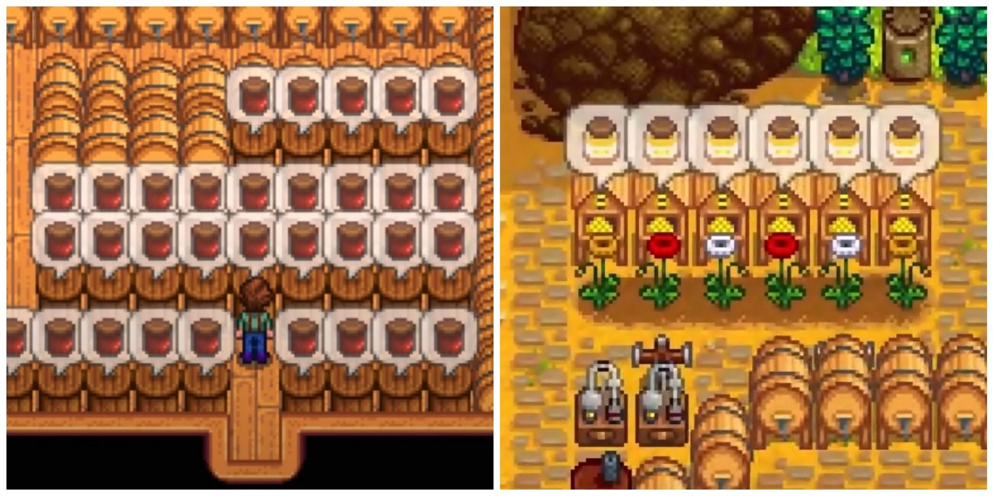 A split image depicting farmers making jelly and honey in Stardew Valley