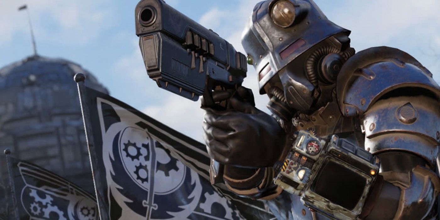 Character with Pip-boy in armor with Brotherhood of Steel flag.