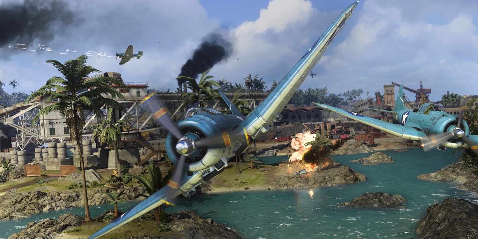 call of duty caldera planes flying away from a structure 