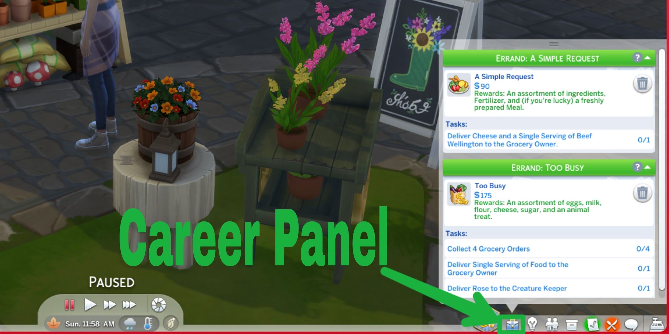 Umístění panelu kariéry Sims 4