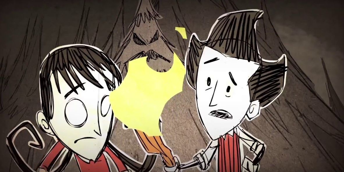 characters from don't starve together holding a torch 