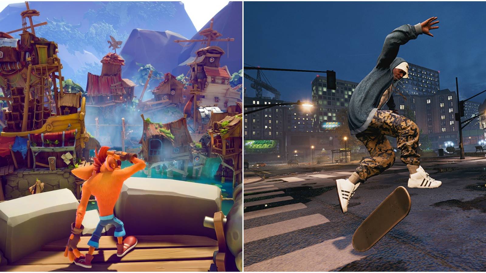 (Left) Crash on a pirate ship (Right) Man doing a skateboarding trick