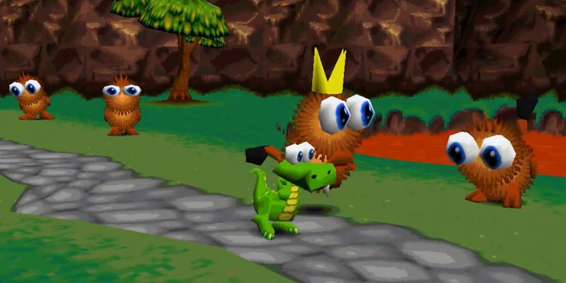 croc character running on path with furry gobbos
