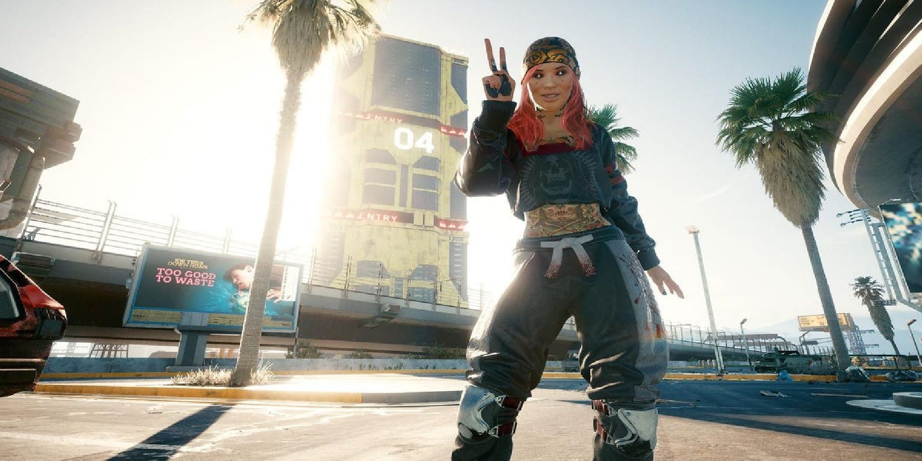 cyberpunk 2077 character standing in sunshine on sidewalk