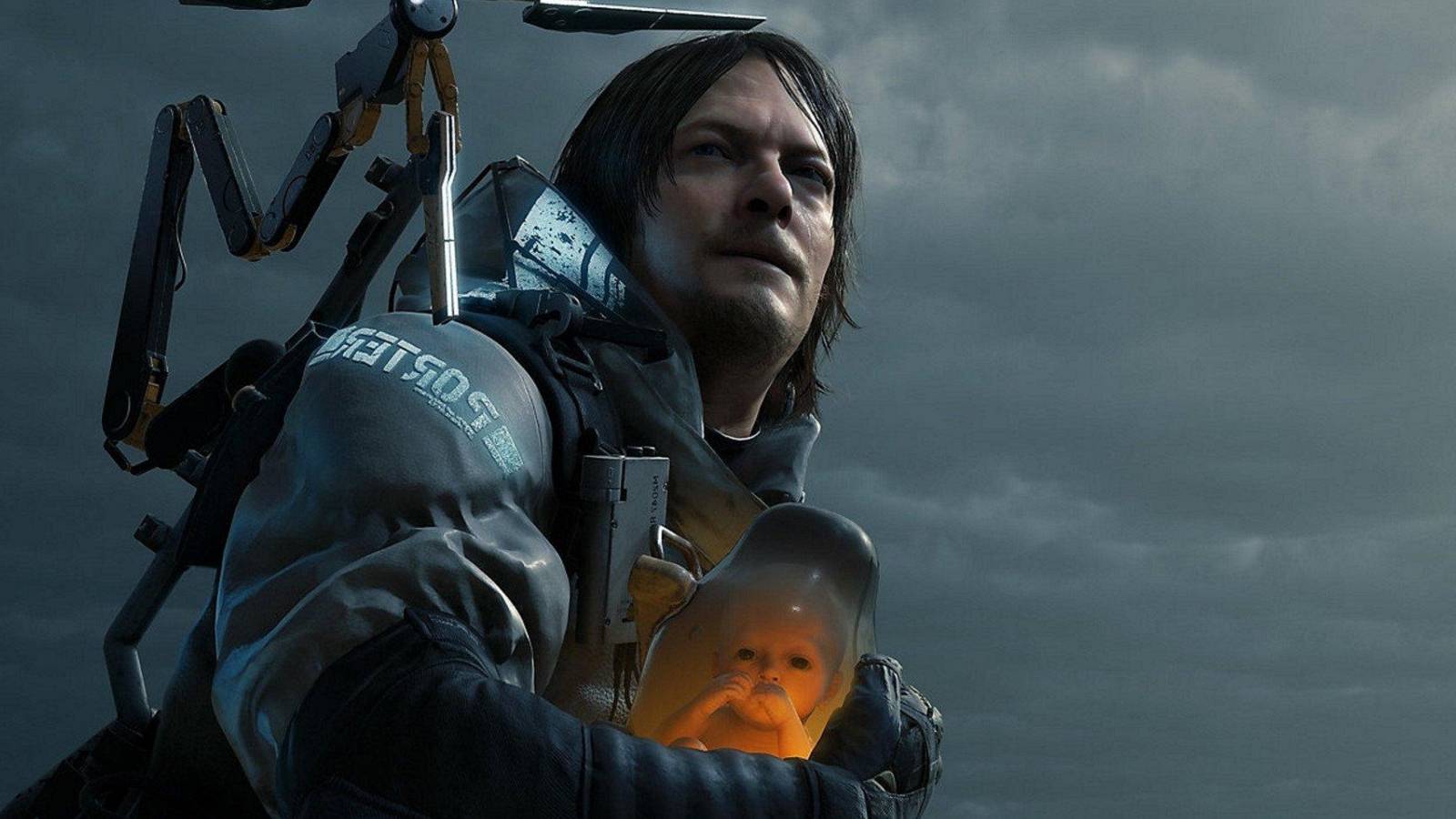 A screenshot from Death Stranding showing protagonist Sam holding a baby in a jar.