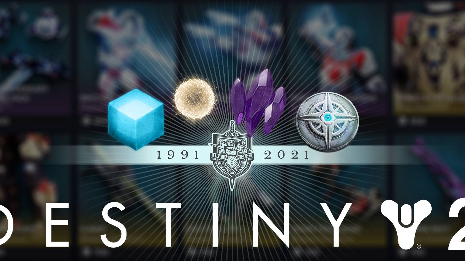 The Destiny 2 text and banner 30-year logo with Glimmer, Bright Dust, Legendary Shards, and Silver on top of it.