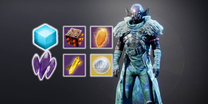 The current upgrade materials in Destiny 2 with a Guardian.