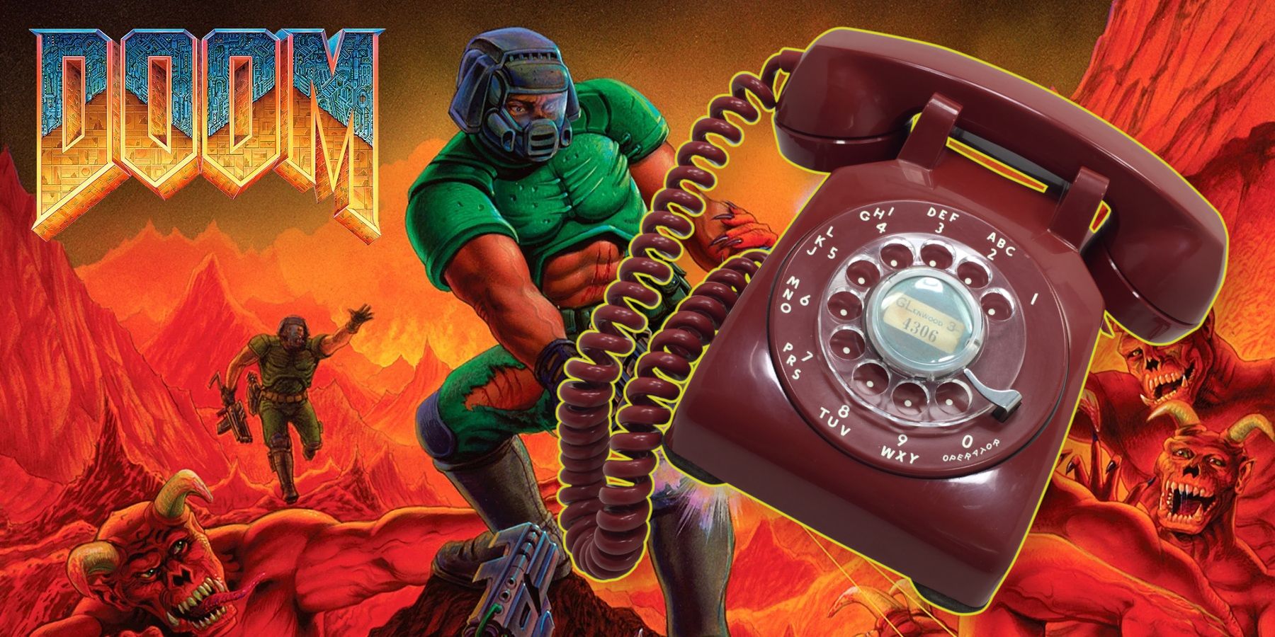 An image of the original Doom boxart with a rotary phone to one side.