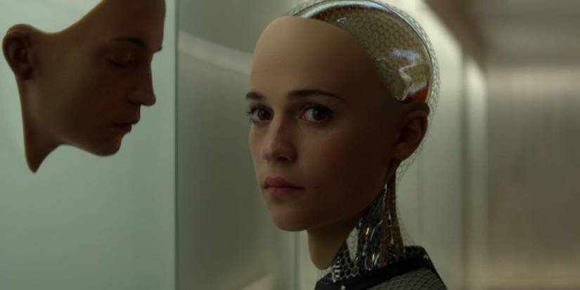 ex-machina mechanized Ava in hallway with face mask