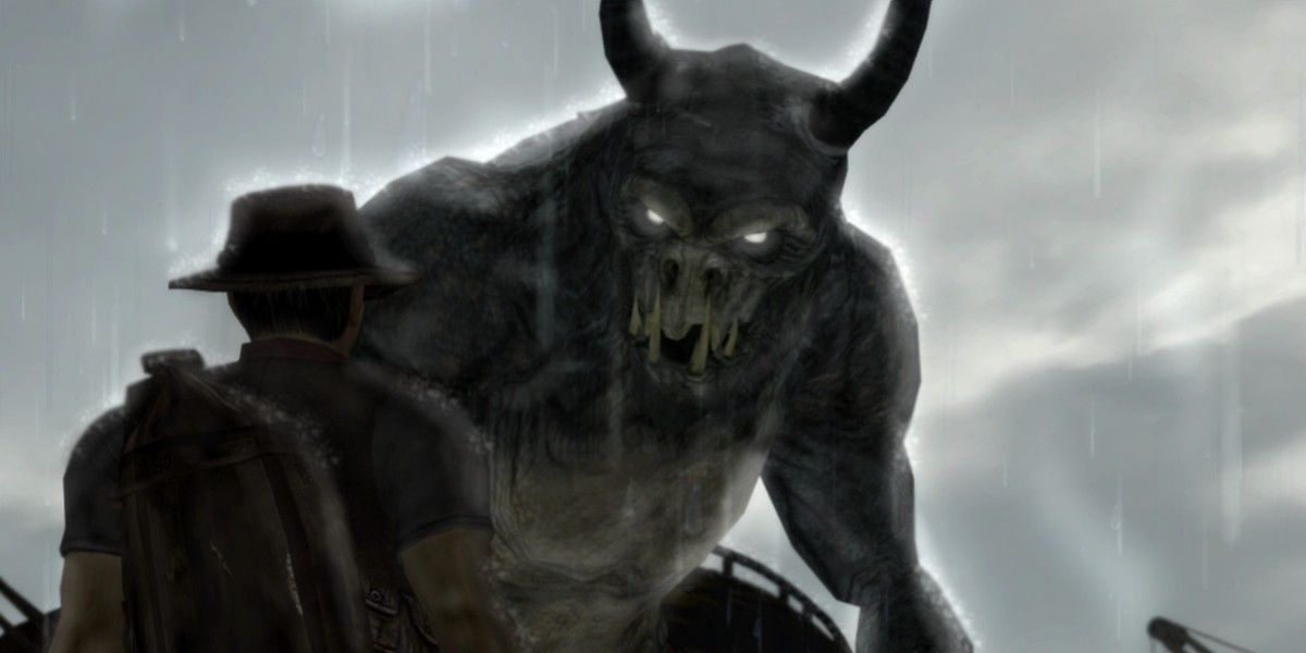 Deathclaw looking at human in rain.