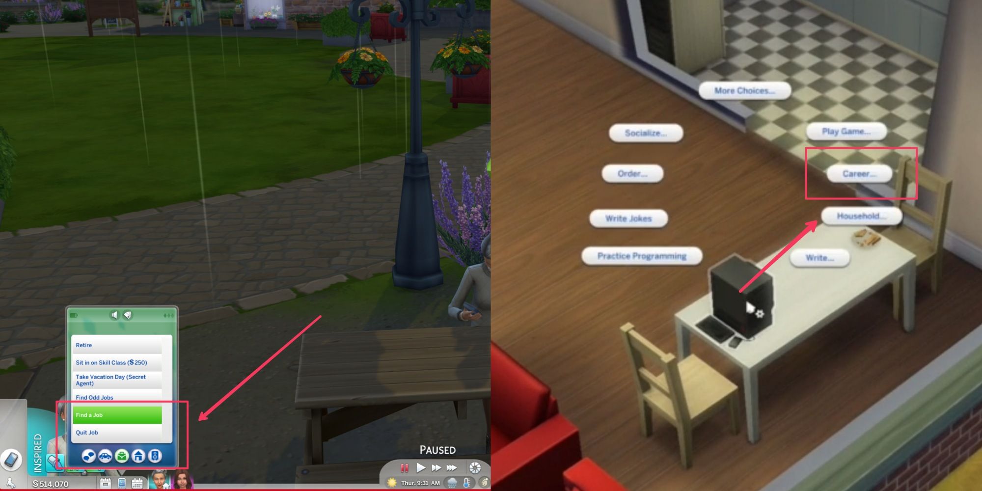 find a job option in the phone and career option in the computer in the sims 4