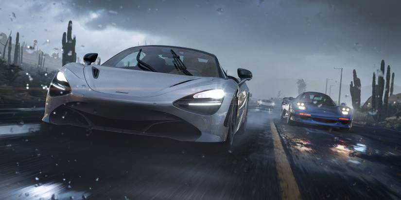 forza horizon 5 cars driving in a rain storm 