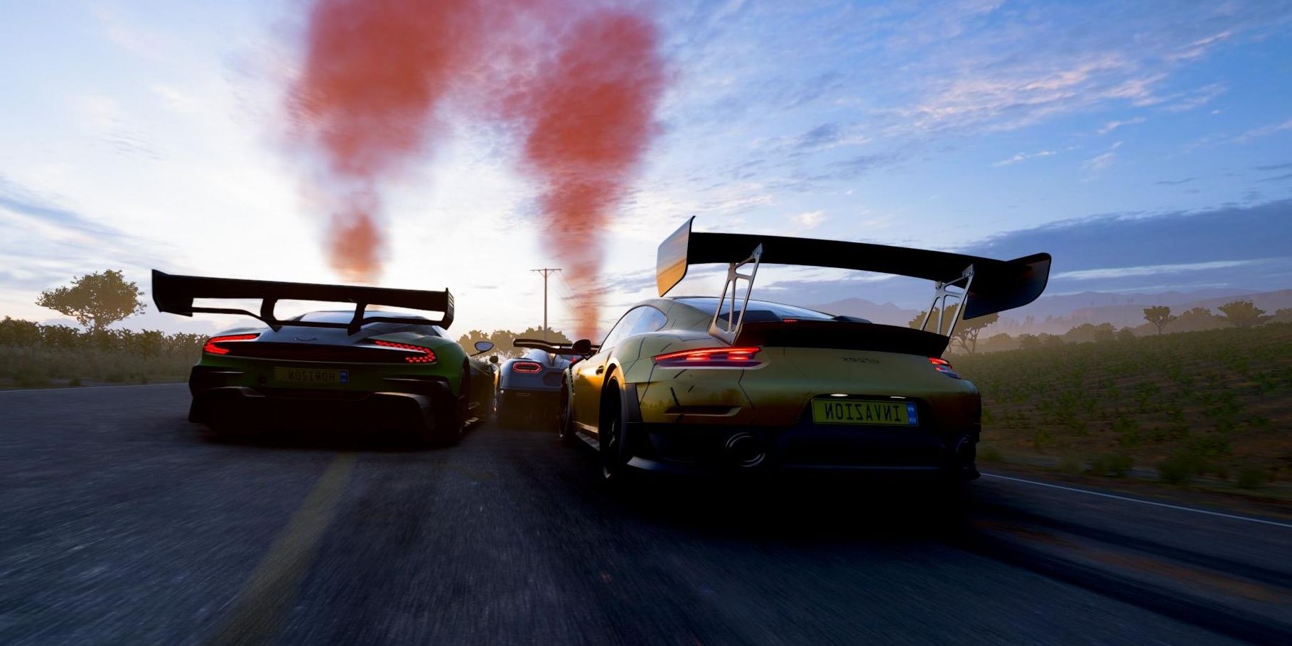 forza horizon 5 cars racing with red flares in the background 
