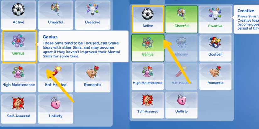 genius and active traits in cas in the sims 4