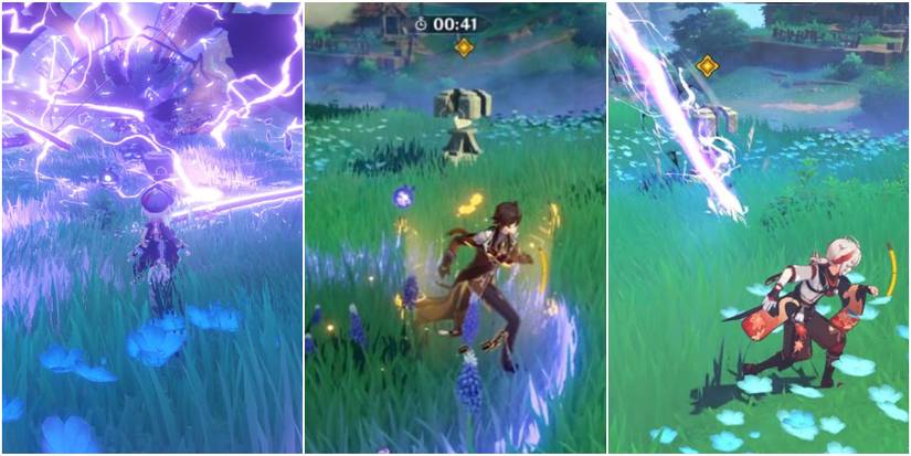 split image of anti-raiden shogun training attacks from genshin impact