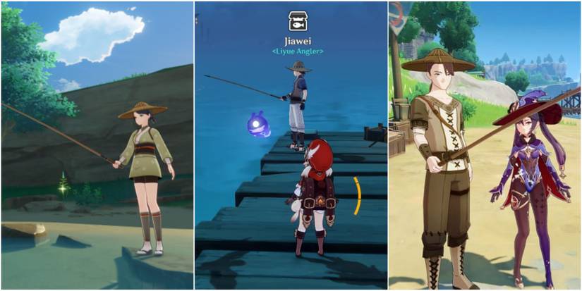 split image of kujirai momiji, jiawei, and nantuck from genshin impact