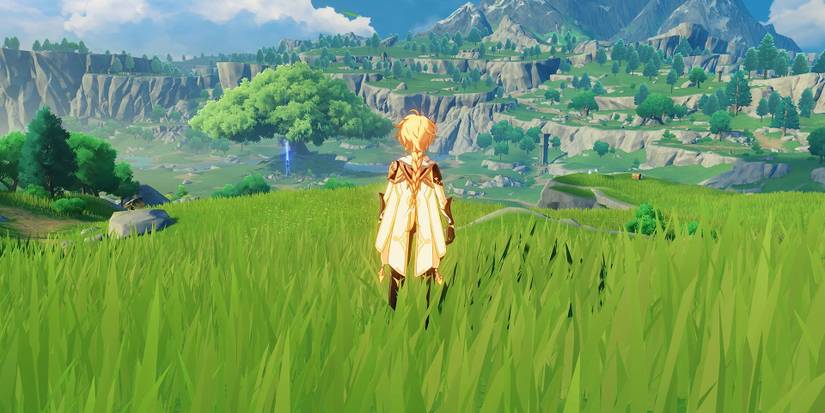 genshin impact landscape windrise tree male traveler aether