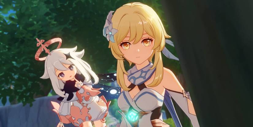 genshin impact female traveler lumine paimon tree