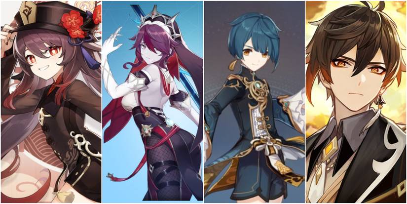 split image of hu tao, rosaria, xingqiu, and zhongli from genshin impact