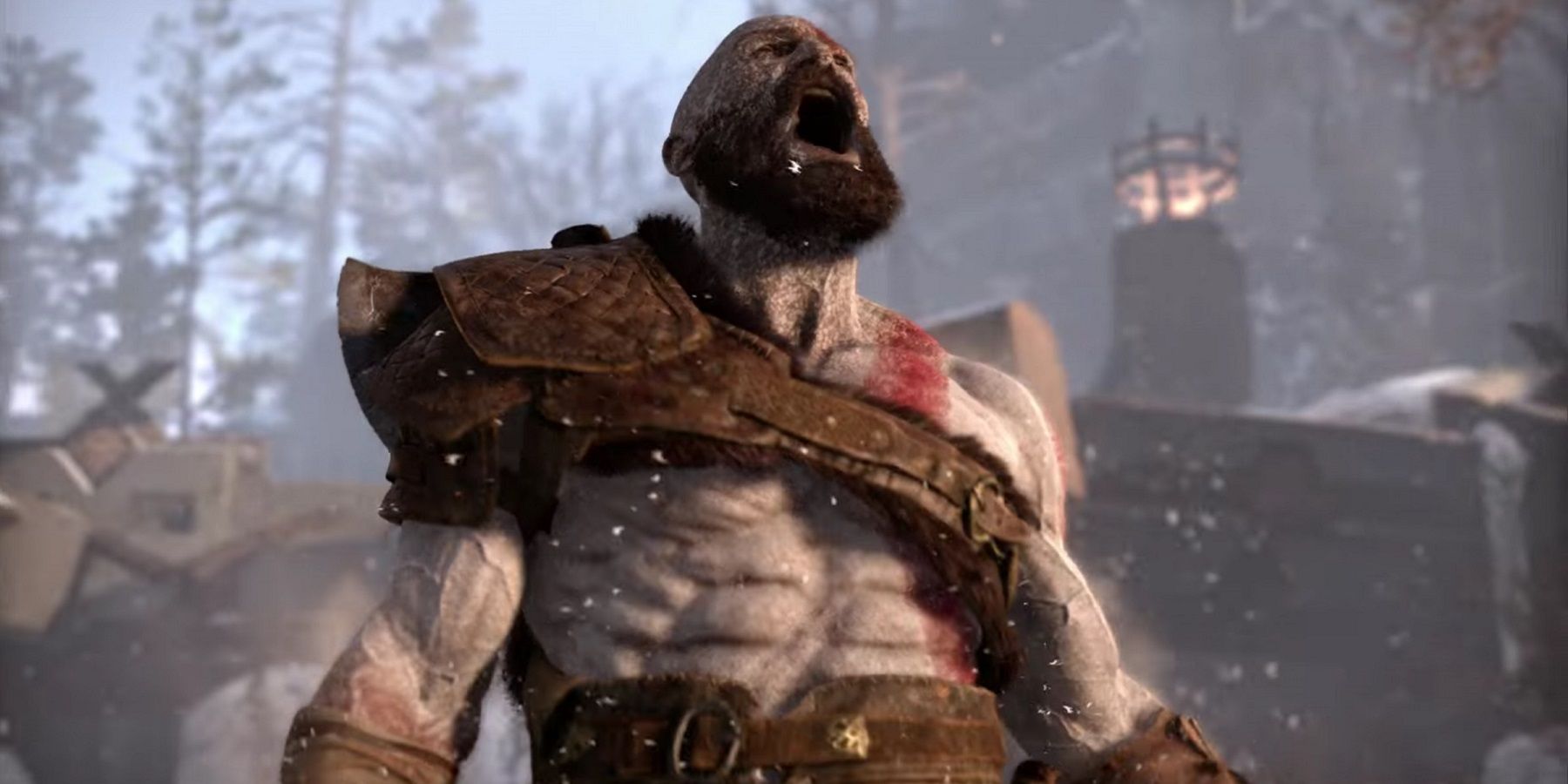 Screenshot from God of War showing Kratos yelling towards the sky.