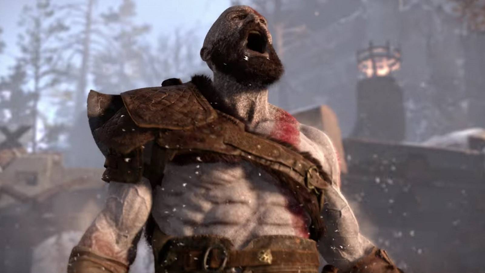 Screenshot from God of War showing Kratos yelling towards the sky.