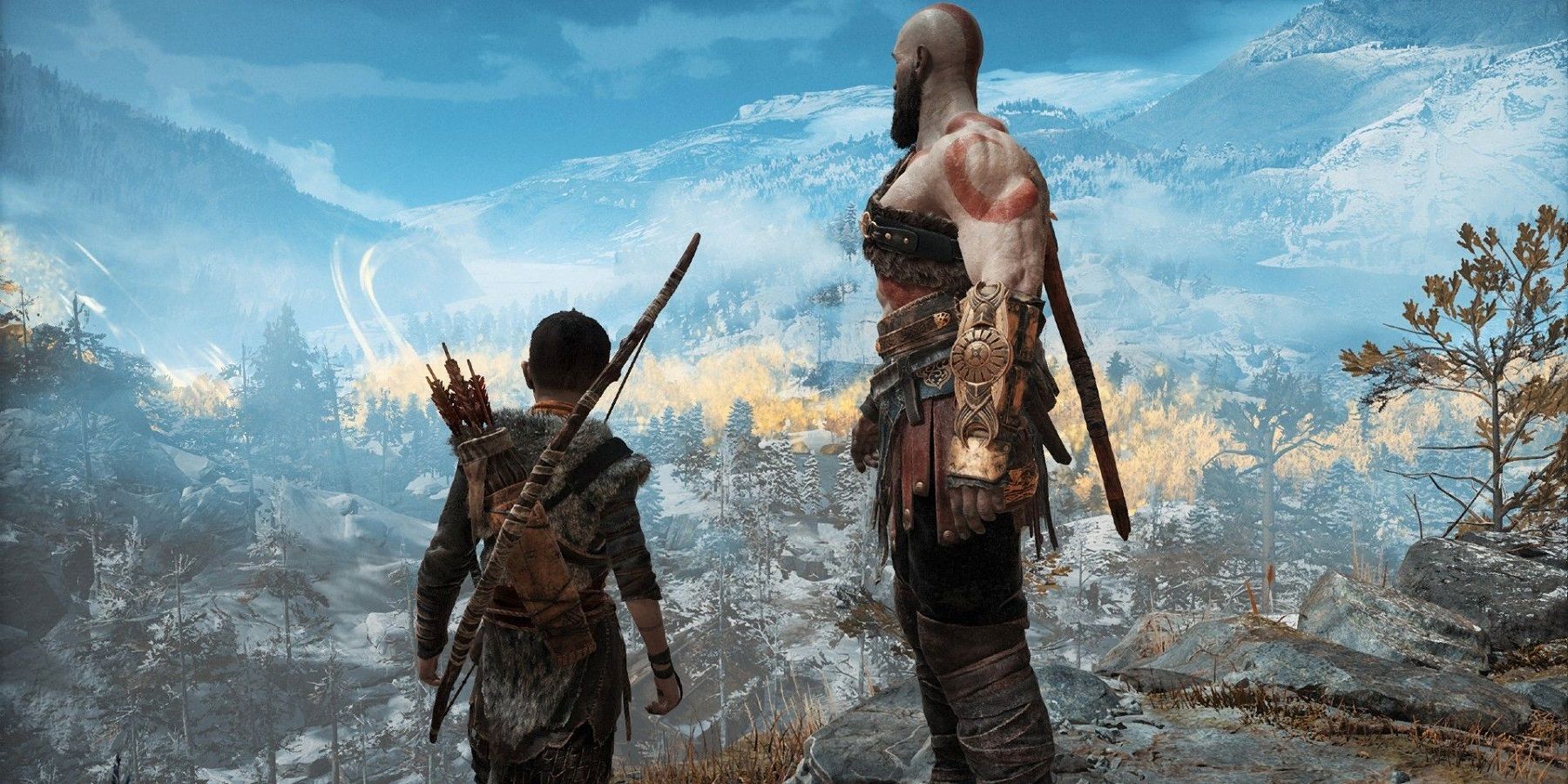 Image from God of War showing Kratos and Atreus looking out into the distance from high above.