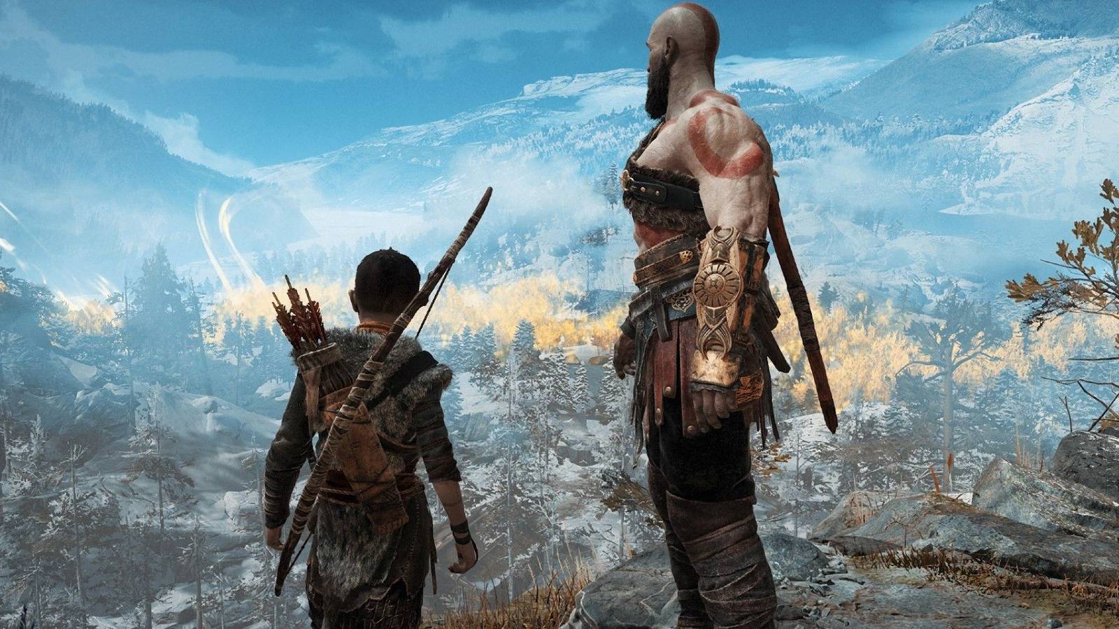 Image from God of War showing Kratos and Atreus looking out into the distance from high above.