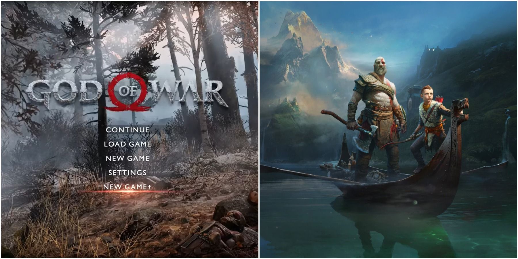 (Left) New Game+ option in the main menu (Right) God of War cover art with Kratos and Atreus on a boat