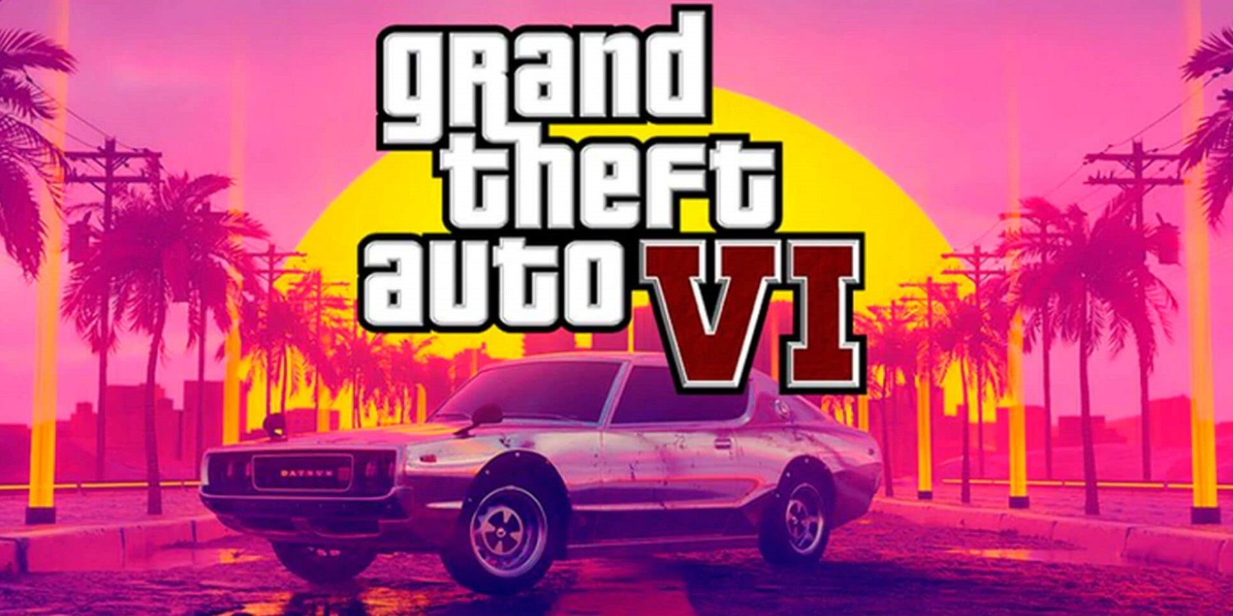 A mocked up Grand Theft Auto 6 logo with a car bathd in pink lighting in the background.
