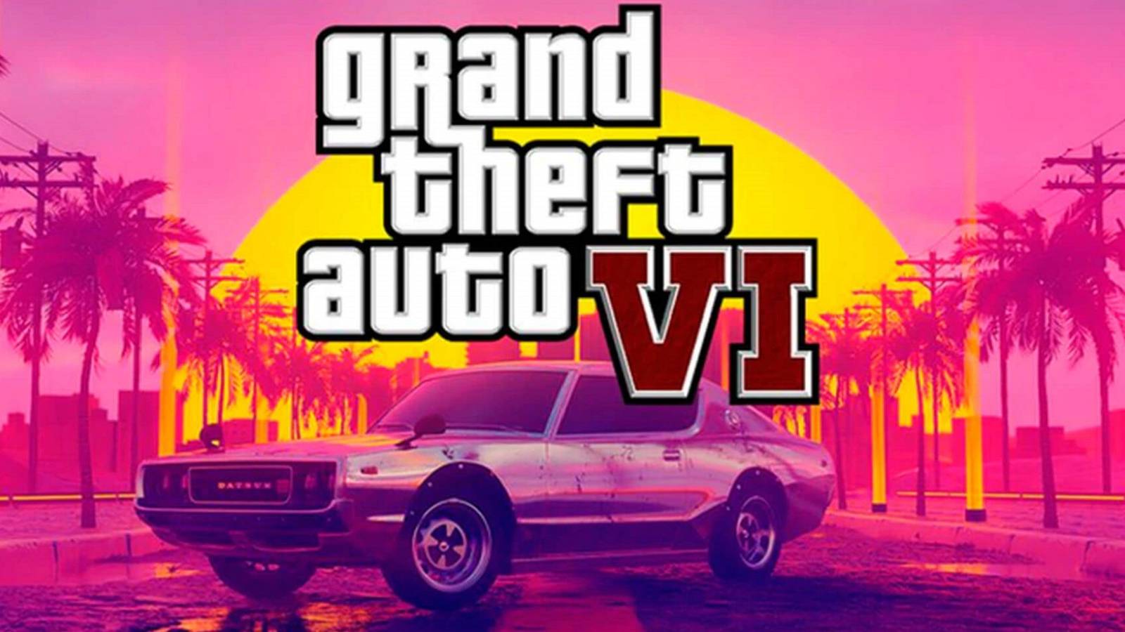 A mocked up Grand Theft Auto 6 logo with a car bathd in pink lighting in the background.