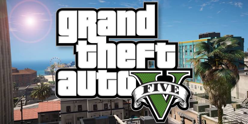 The Grand Theft Auto 5 logo with the pier in the background bathed in sunshine.