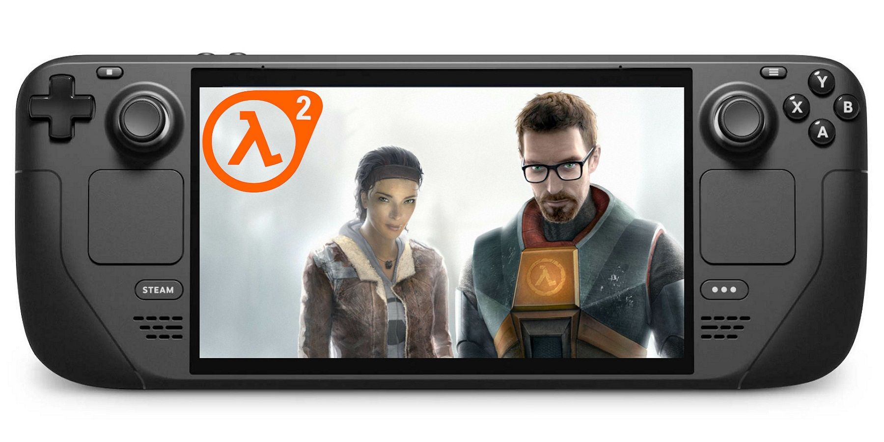 Image of a Valve Steam Deck with a Half-Life 2 picture on the screen showing Gordon Freeman and Alyx Vance.