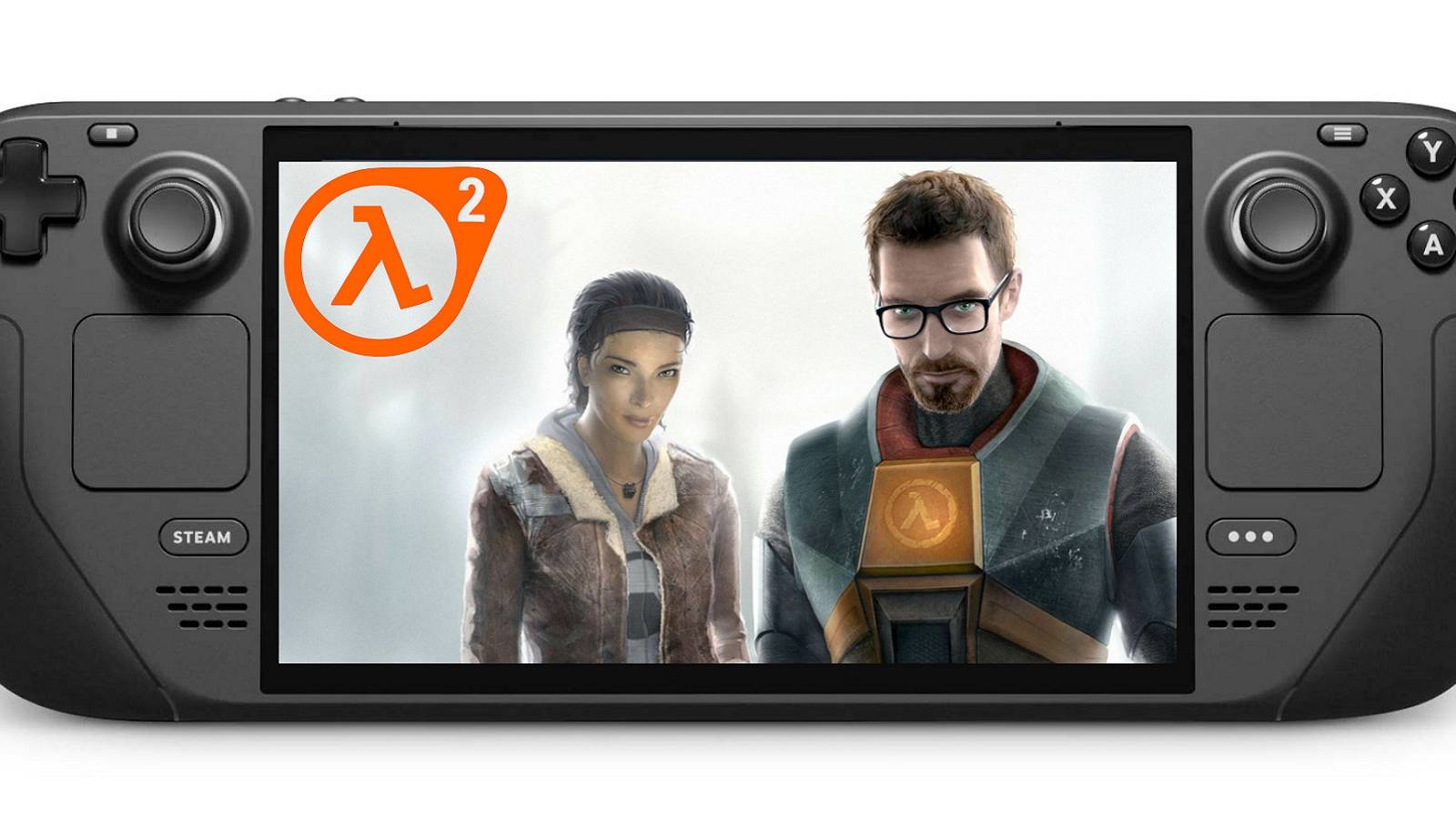 Image of a Valve Steam Deck with a Half-Life 2 picture on the screen showing Gordon Freeman and Alyx Vance.