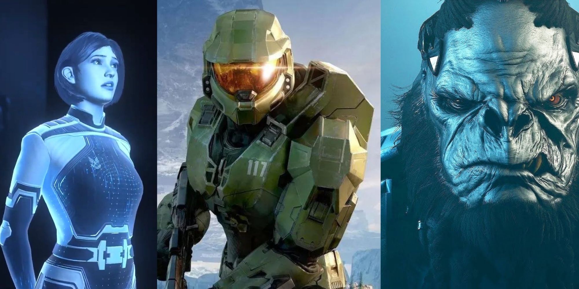Split image of the Weapon, Master Chief, and Atriox from Halo Infinite.