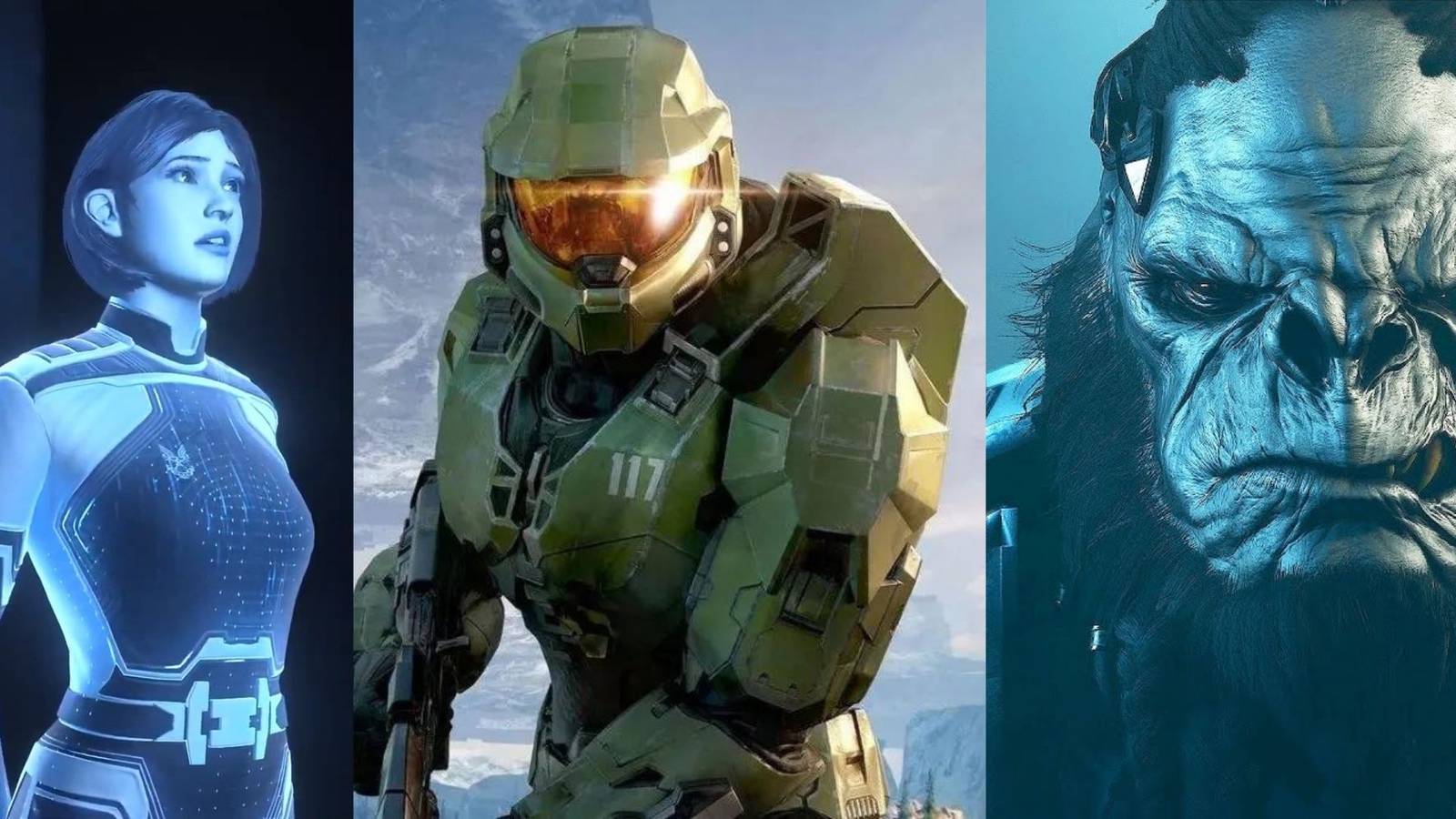 Split image of the Weapon, Master Chief, and Atriox from Halo Infinite.