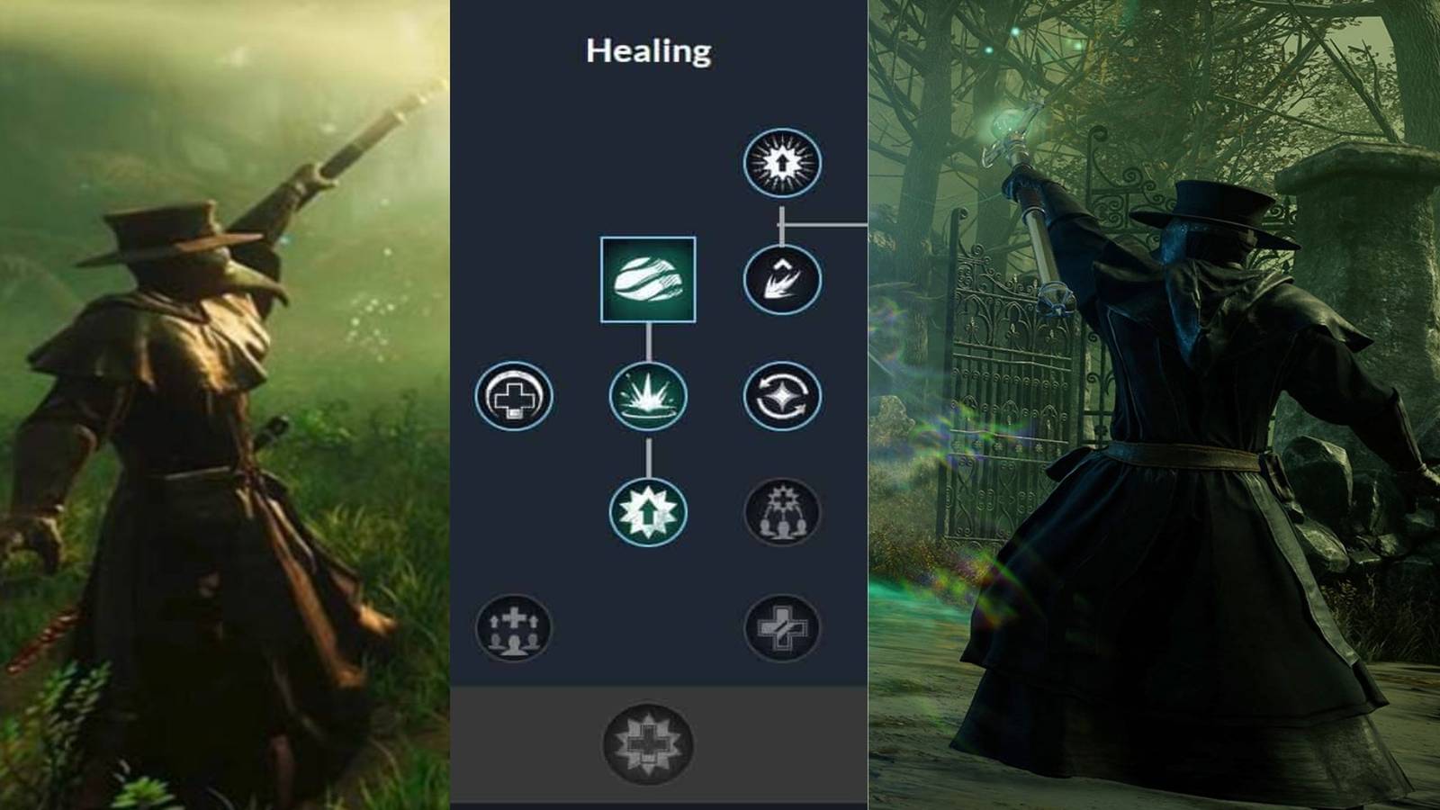 healing build split image two chars with a healing staff, Healing tree in the middle