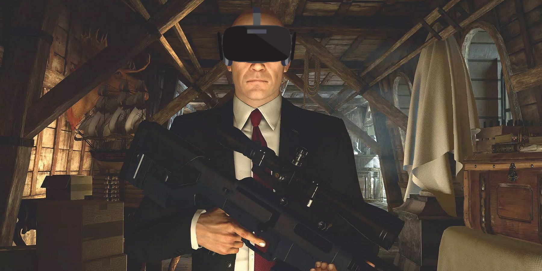 Image from Hitman 3 showing Agent 47 holding a sniper rifle and wearing a generic VR headset.