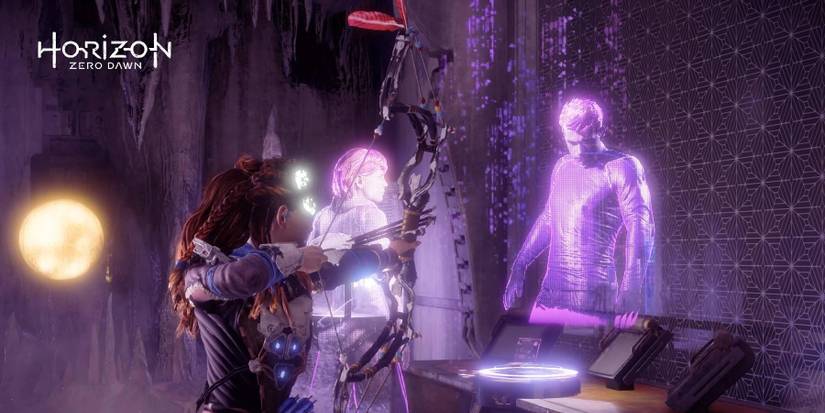 horizon zero dawn aloy with holograms of elisabet sobeck and ted faro