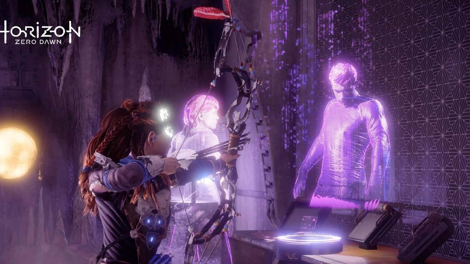 horizon zero dawn aloy with holograms of elisabet sobeck and ted faro