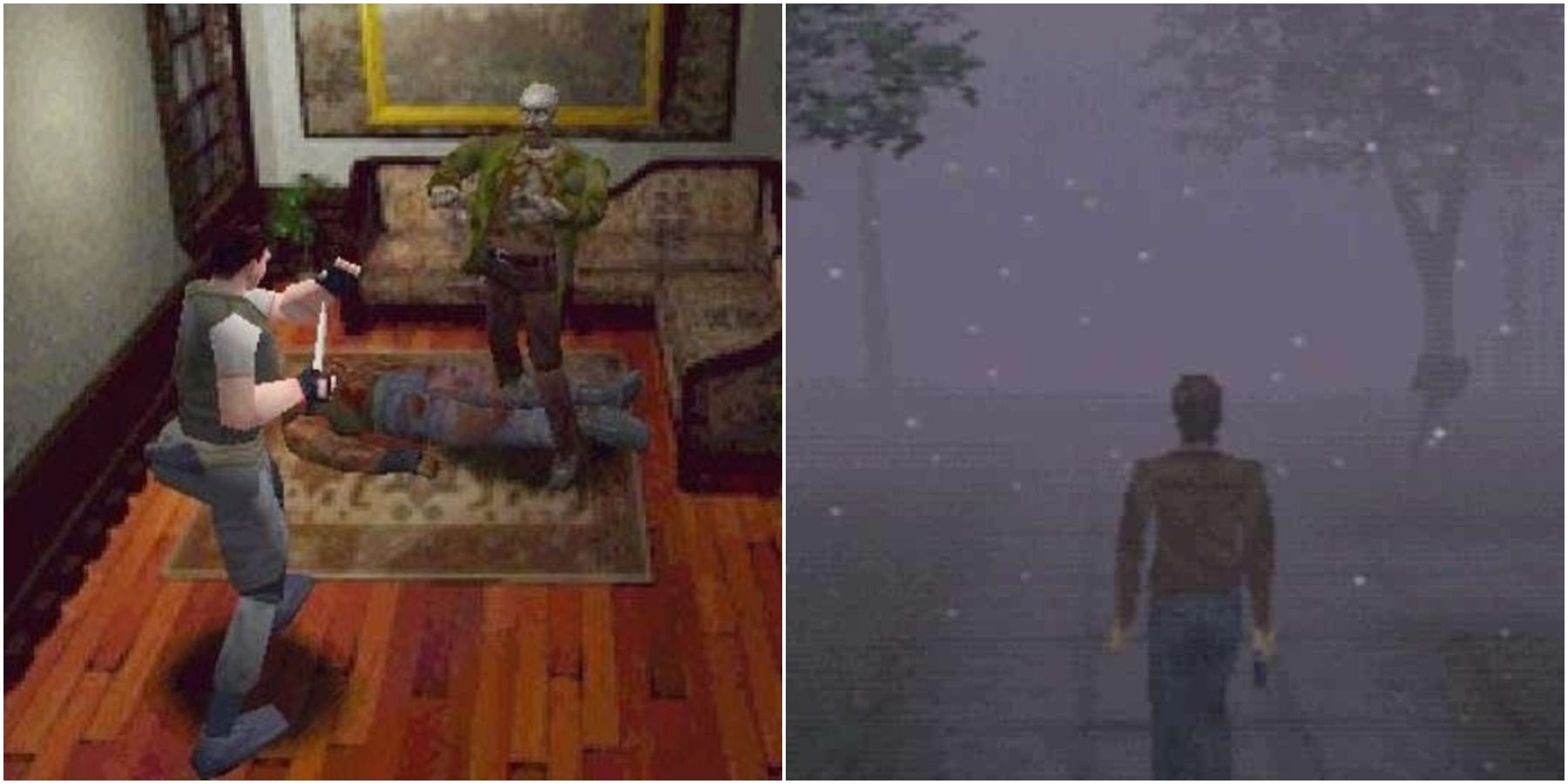 (Left) Resident Evil 1 - man fighting zombie (Right) Silent Hill 1 - man walking down foggy street