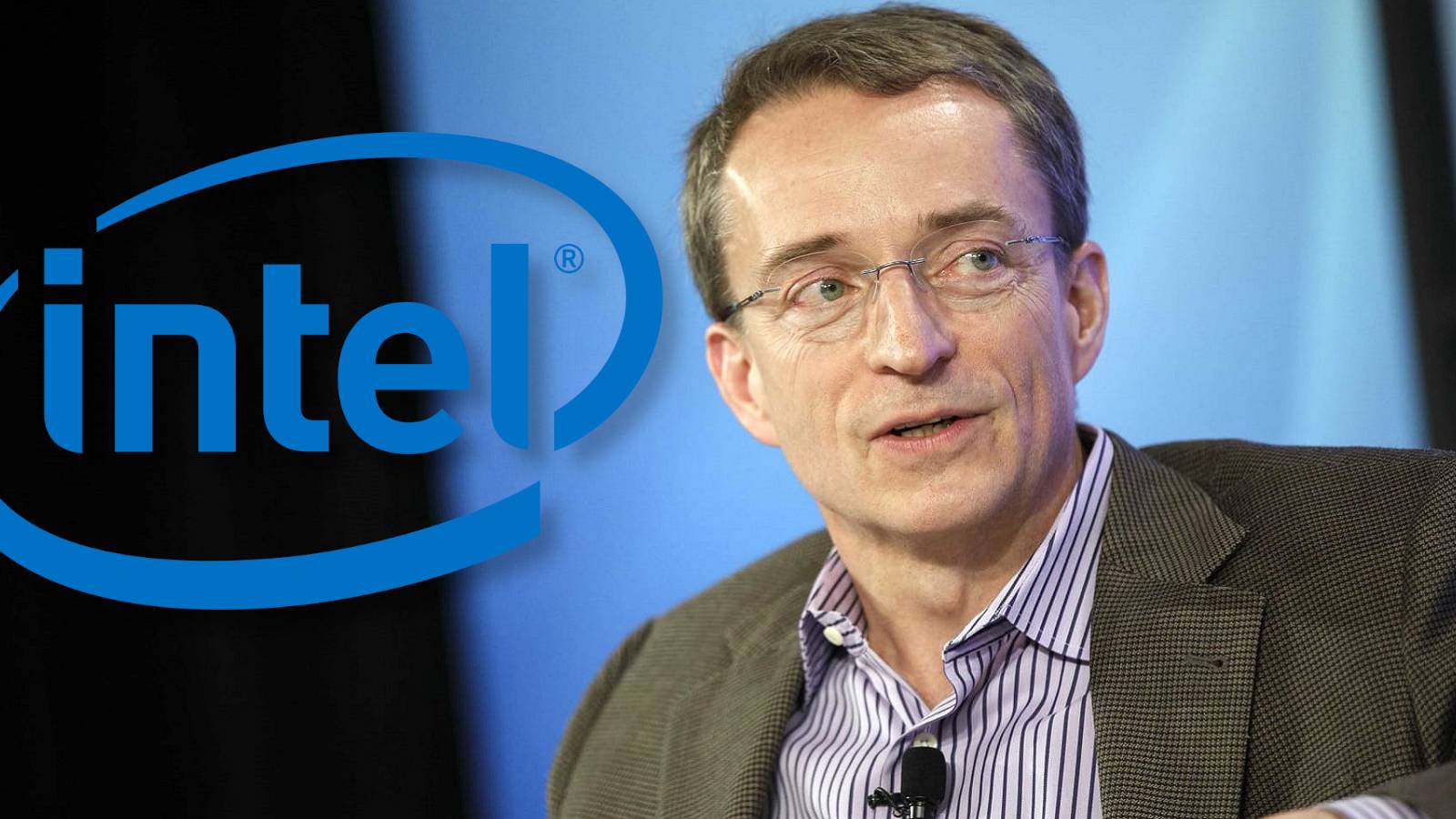 A photo of Intel CEO Pat Gelsinger with the company logo next to him.