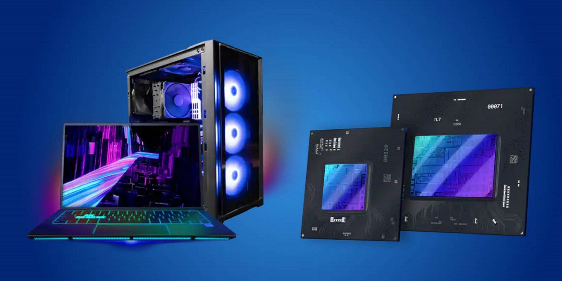 Image showing a couple of Intel Arc GPU chips next to a Desktop PC and laptop, all on a blue background.