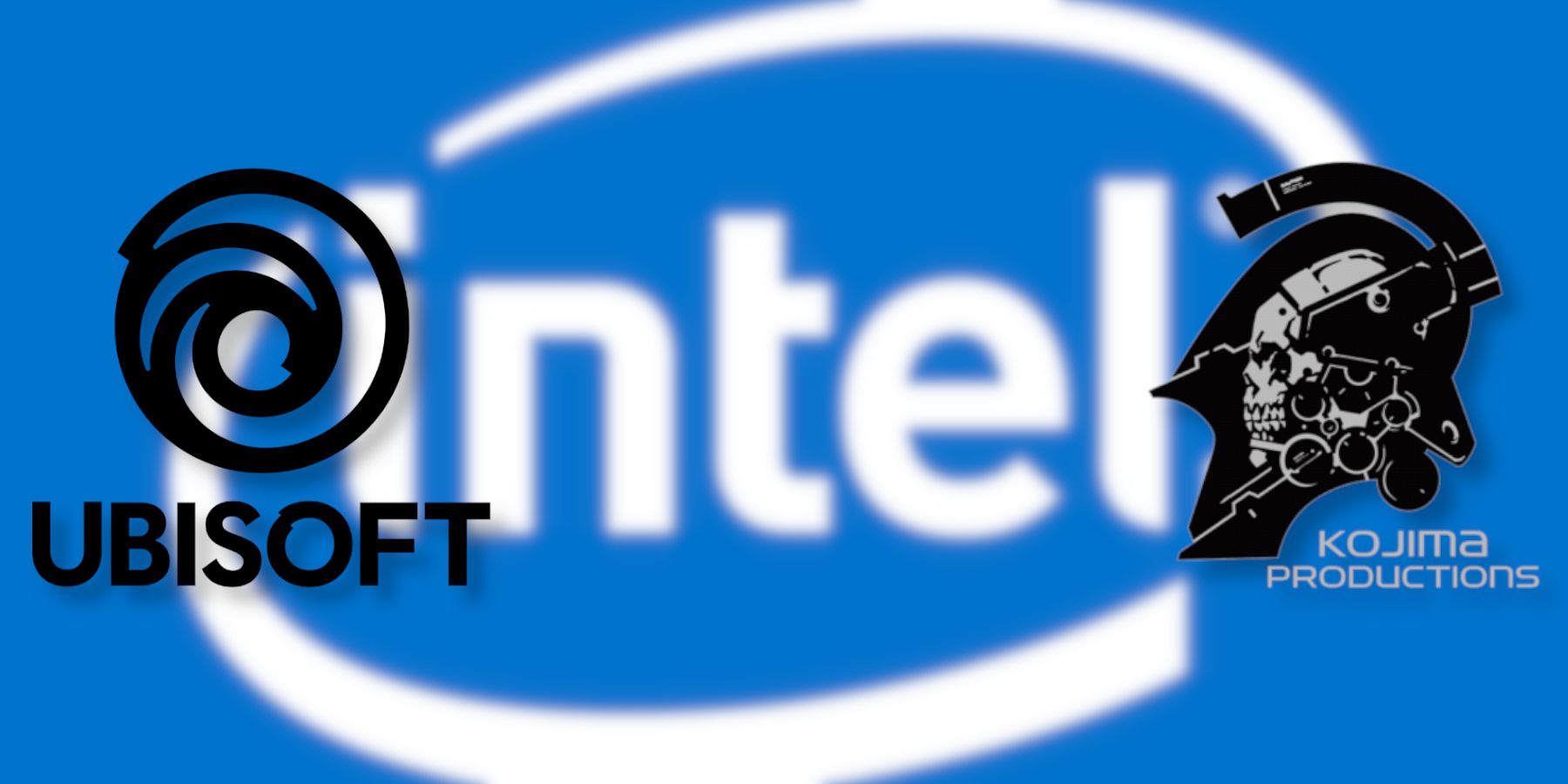 A blurry Intel logo in the background with the Ubisoft and Kojima Productions logos in the foreground.